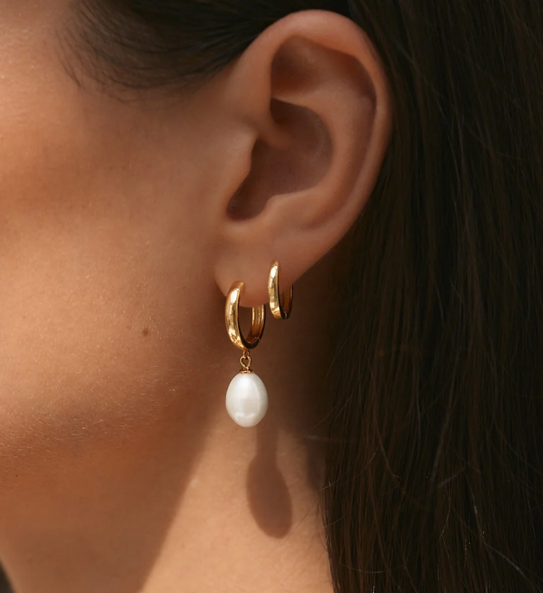Aura Pearl Earrings & Small Bold Hoops Stacking Set Gold - Image 3