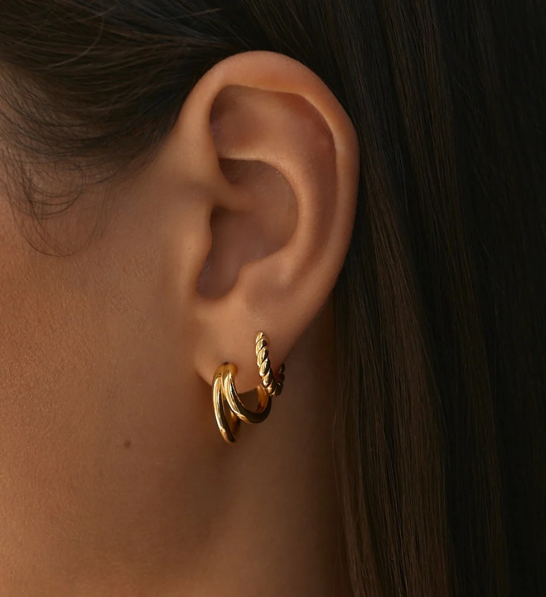 Classic Layered Hoop Earrings Gold & Eternal Rope Hoops Gold Stacking Set - Image 3