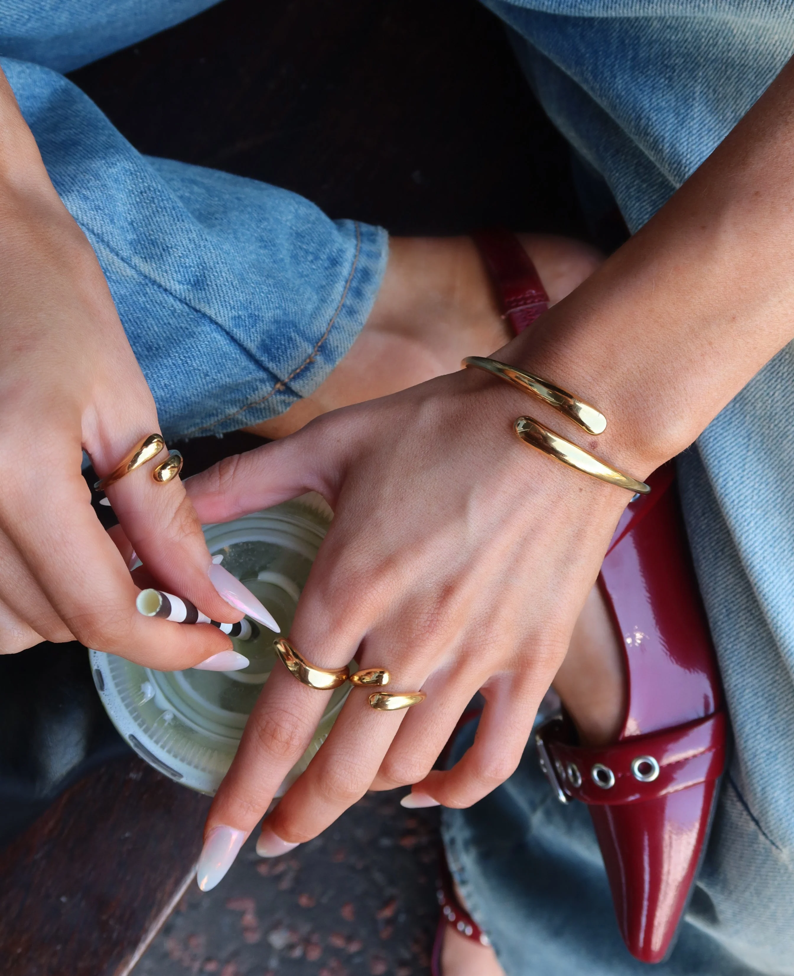 Dome Cuff Bracelet & Aura Pearl Hoop Earrings Matching Set Gold - Image 4