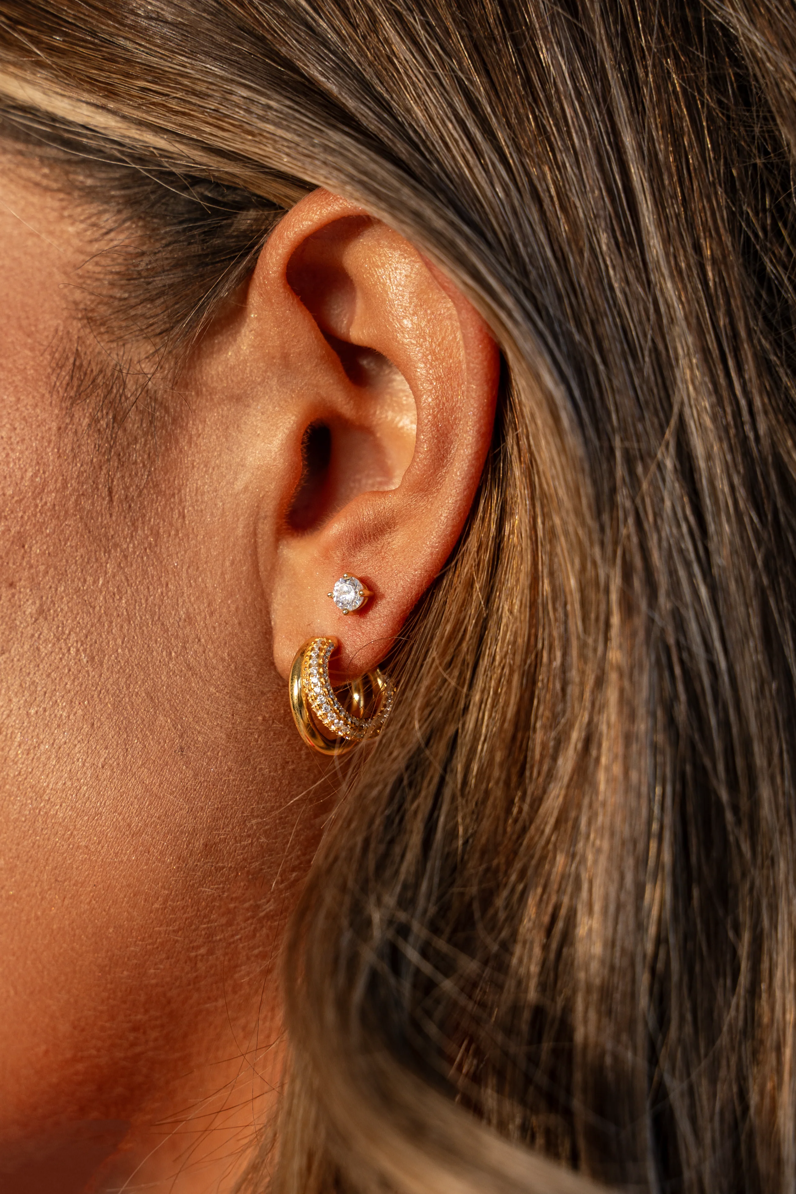 Duo Layered Hoops & Diamond Stud Earrings Stacking Set Gold - Image 3