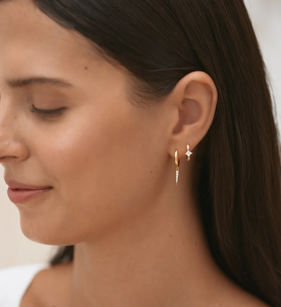 Pave Drop Earrings & Halo Hoop Earrings Stacking Set Gold - Image 3