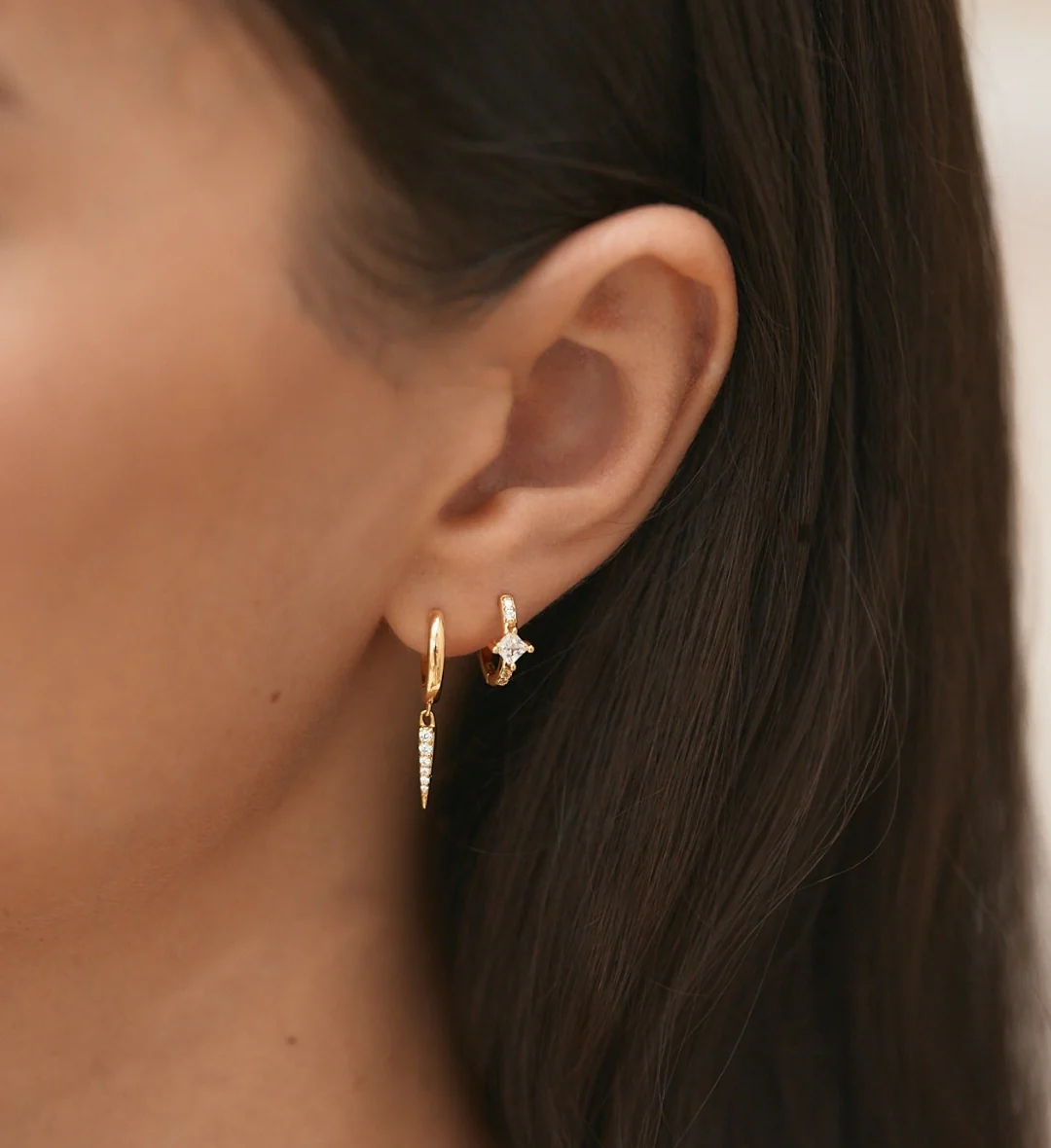 Pave Drop Earrings & Halo Hoop Earrings Stacking Set Gold - Image 4